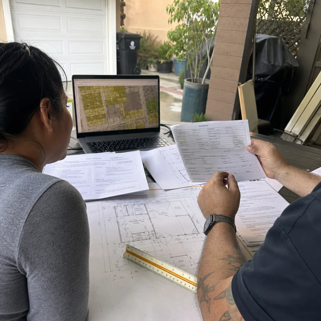 Professional designer reviewing ADU blueprints and permitting documents with a client