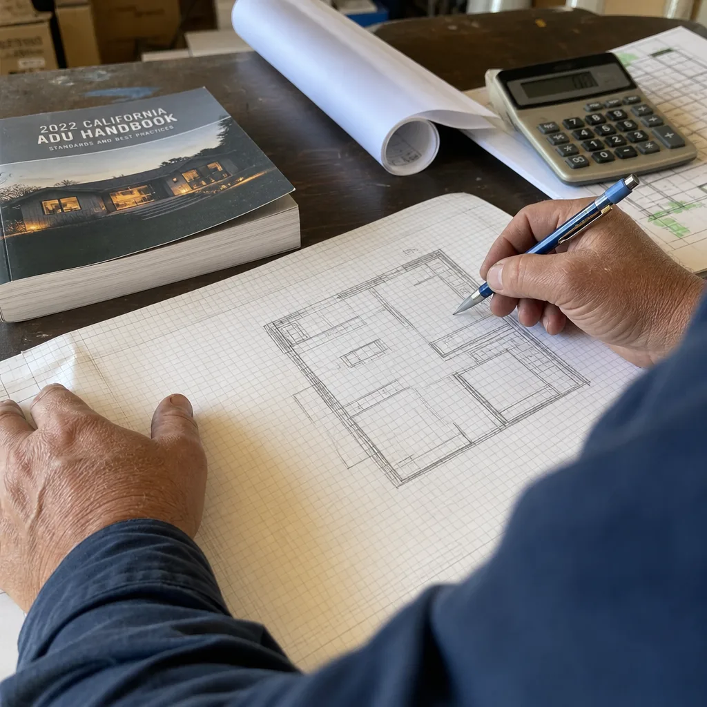 Professional designer drawing ADU floor plans with handbook and calculator