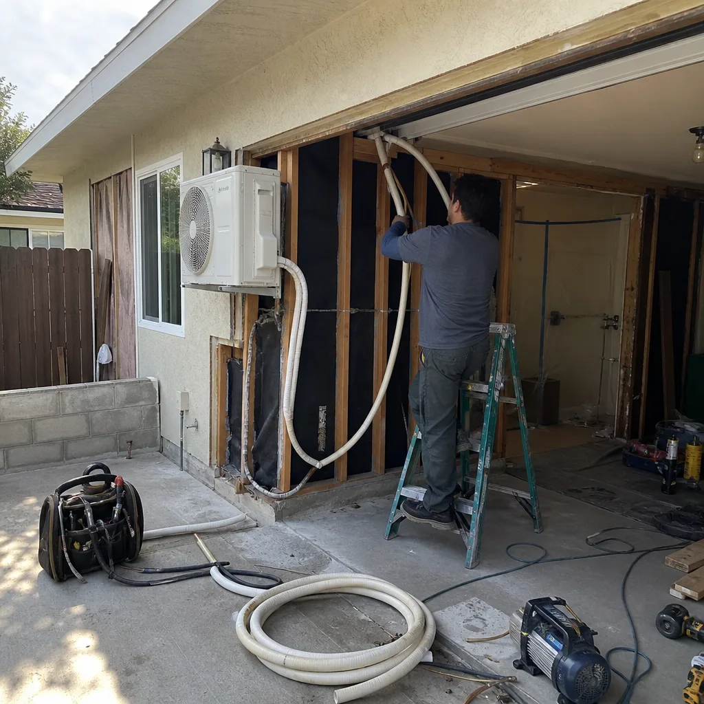 HVAC technician installing air conditioning unit during garage conversion project