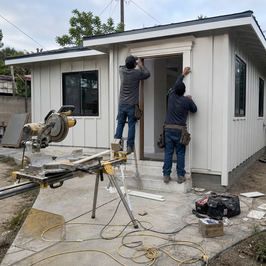 Contractors installing trim on a newly built modern detached ADU exterior