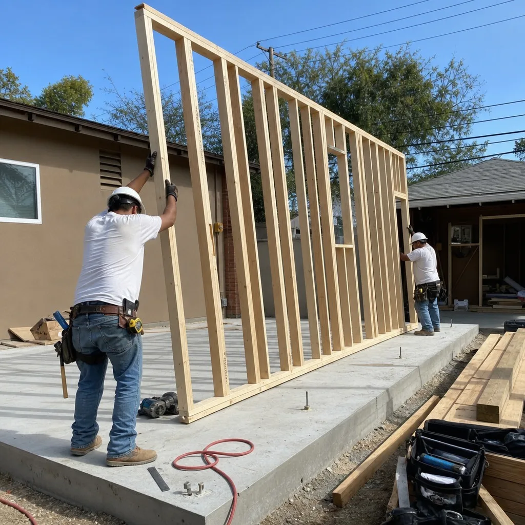 Two construction workers raising a wooden frame for a new ADU